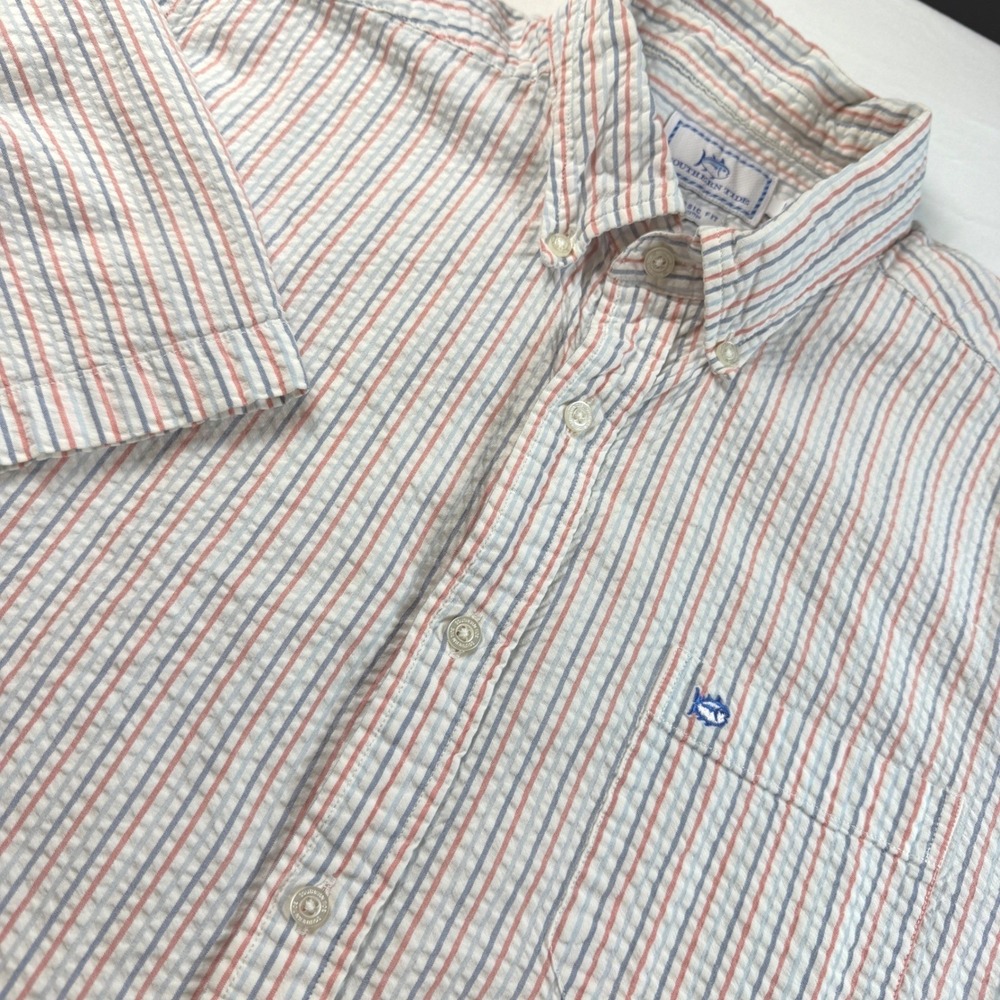 Southern Tide Shirt Mens L Red Blue Stripe Seersucker Short Sleeve Classic EUC